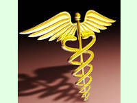 Image of an artistic depiction of the medical symbol, consisting of two coiled snakes around a rod with wings above it.